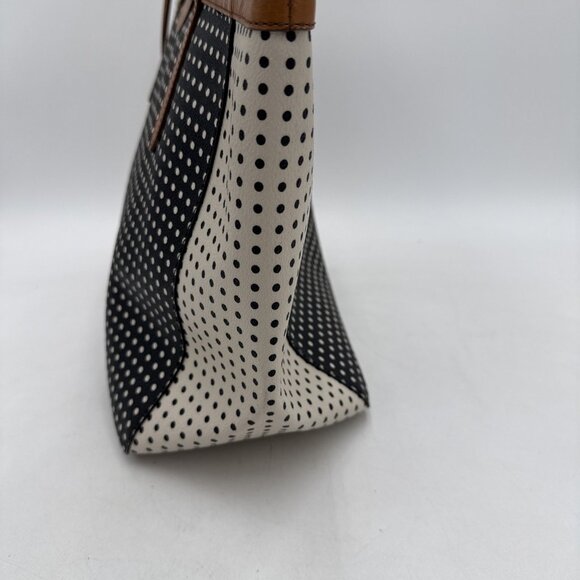 Fossil Sydney Black & White Polka Dot Tote Bag Vinyl Leather Straps Trim Zip top - Picture 6 of 10